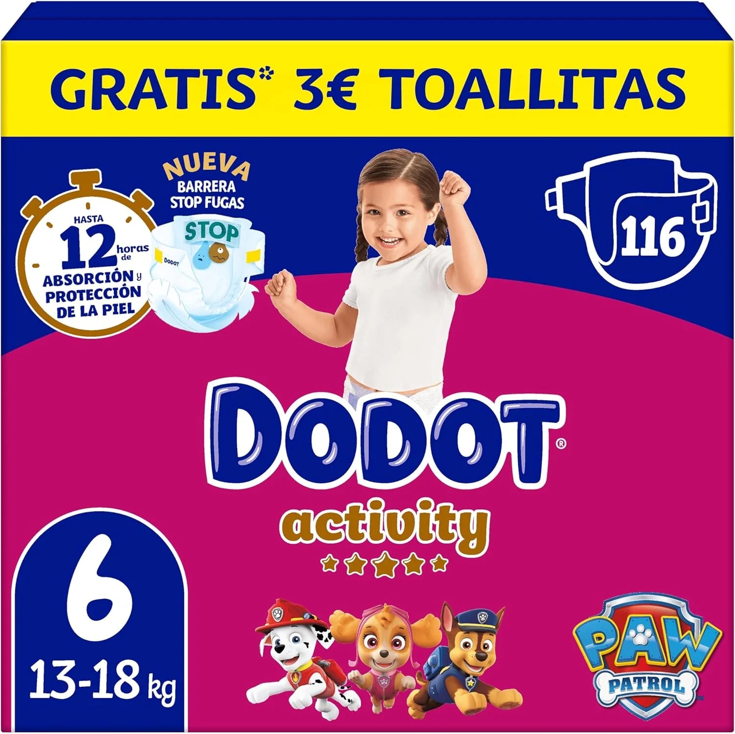 Dodot Pañales Bebé Activity, Talla 6 (13-18 kg), 116 Pañales, Hasta 12h de Protección Antifugas y Ajuste, Pack Mensual