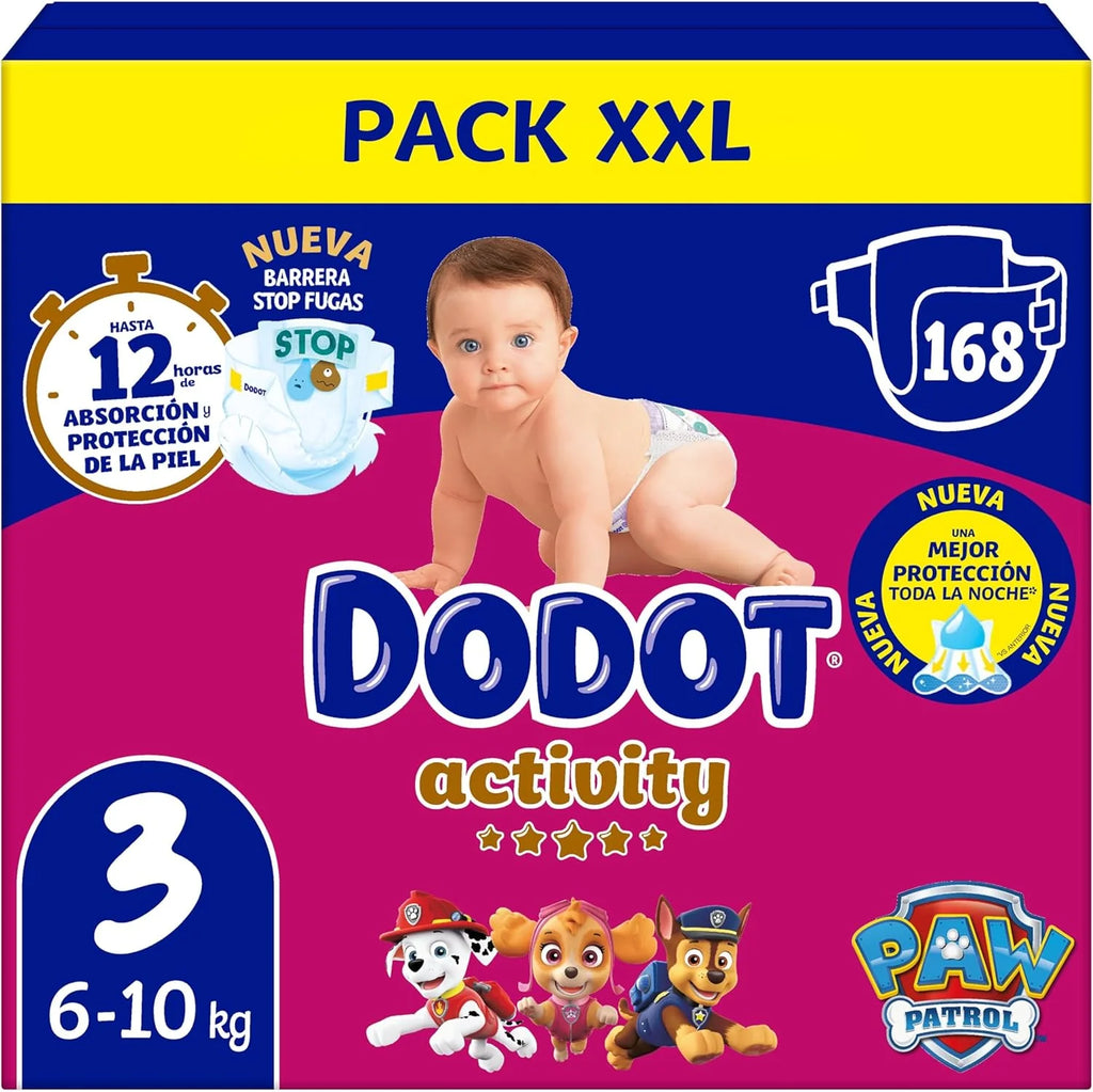 Dodot Pañales Bebé Activity, Talla 3 (6-10 kg), 168 Pañales, Hasta 12h de Protección Antifugas y Ajuste, Pack Mensual